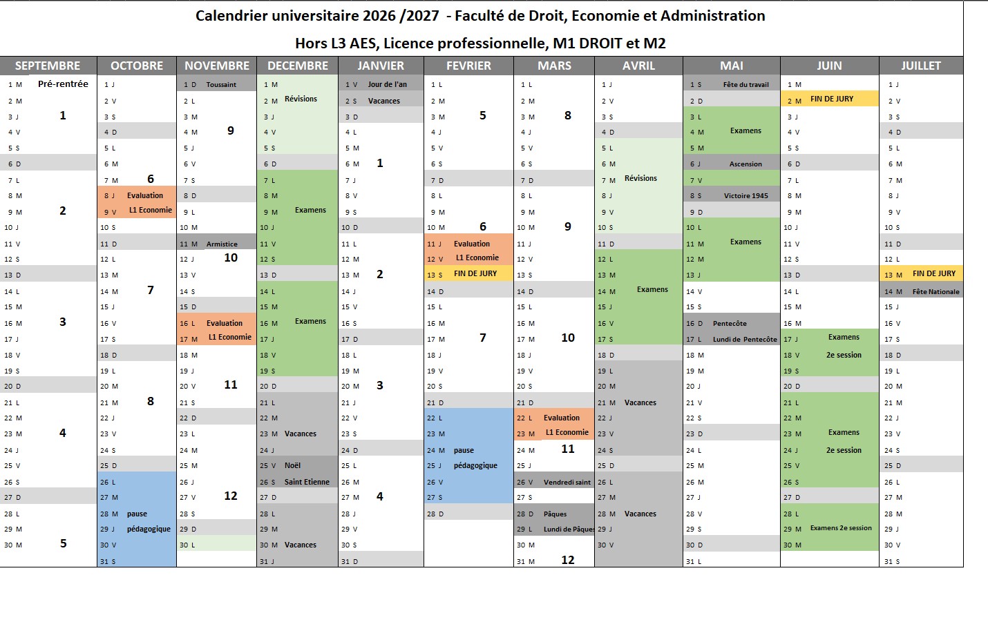 calendrier pédagogique DEA 2026-2027