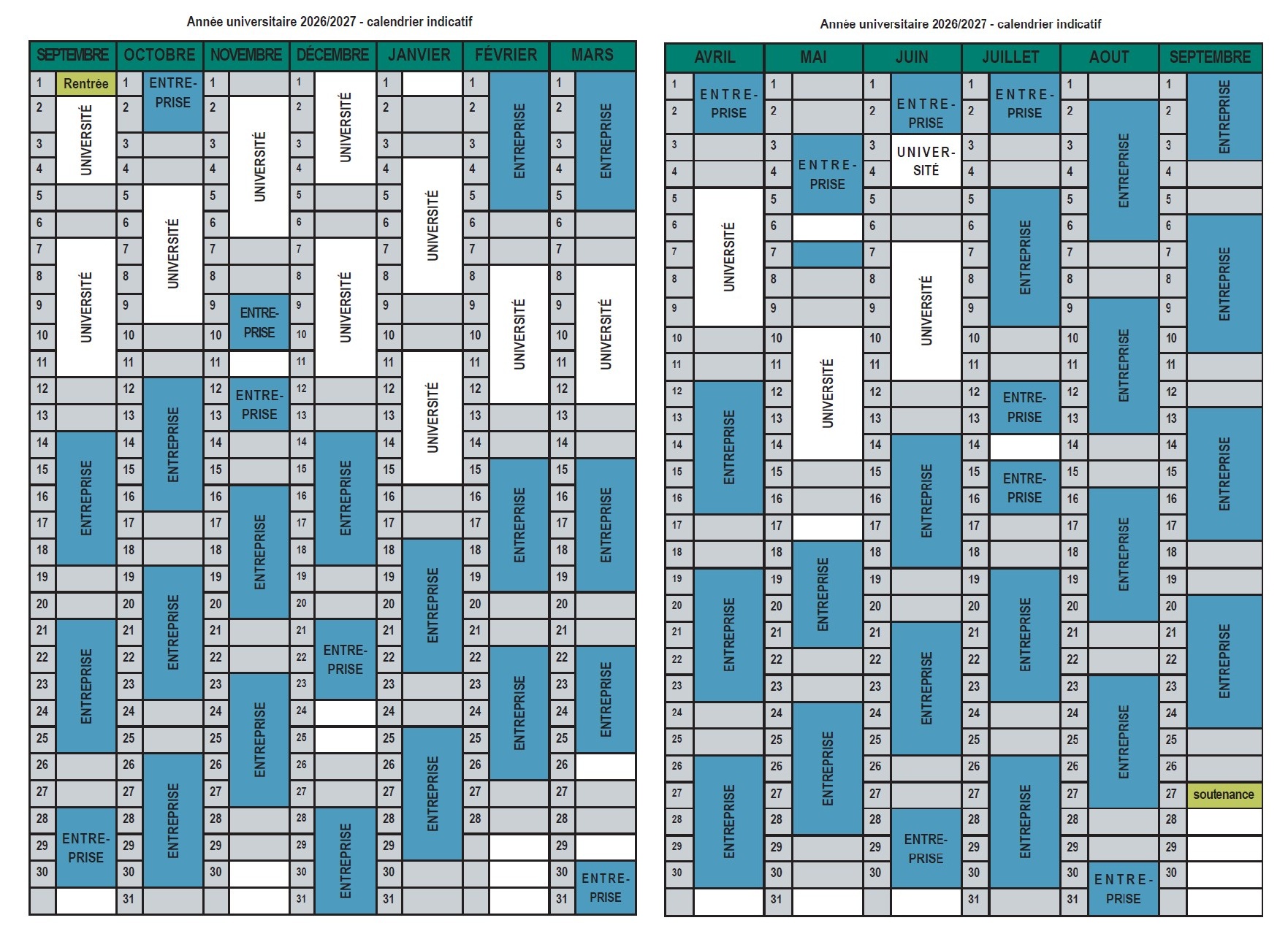 Calendrier de présence en entreprise et à l'université dans le cadre du master 2 droit des collectivités territoriales et coopération transfrontalière
